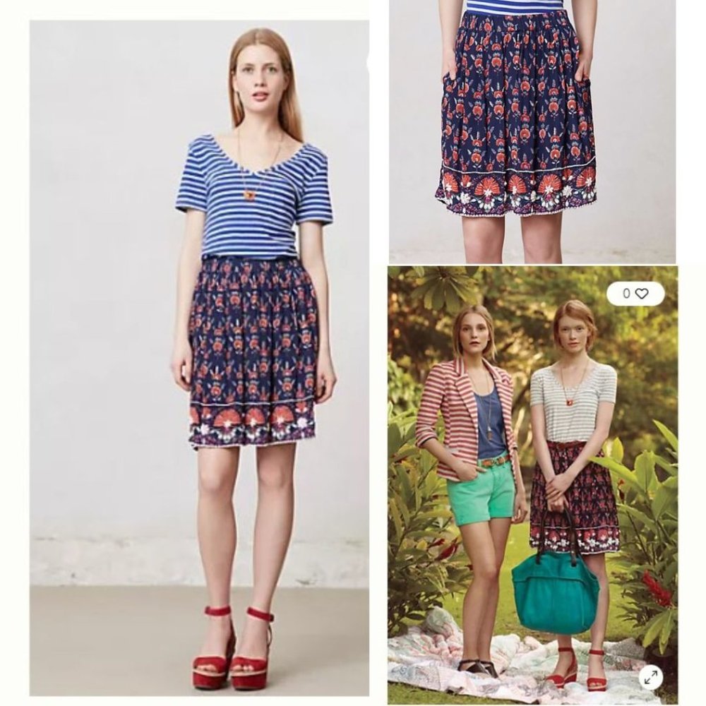 Anthropologie Maeve - Adela Beaded Skirt w/ Seashells - Medium (Orange on Navy)
